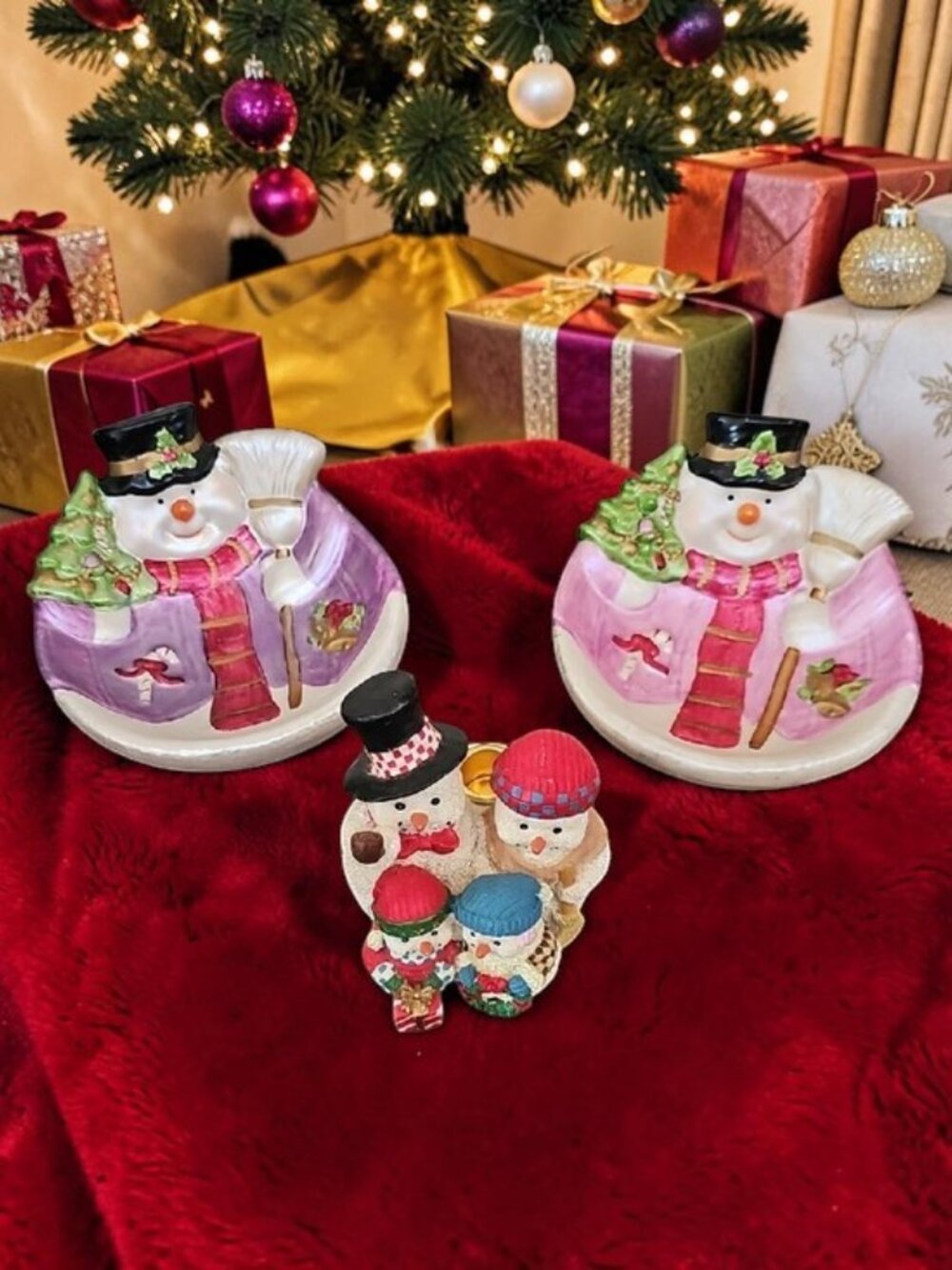 3 Festive Snowman Trinket Dishes candle holder not displayed